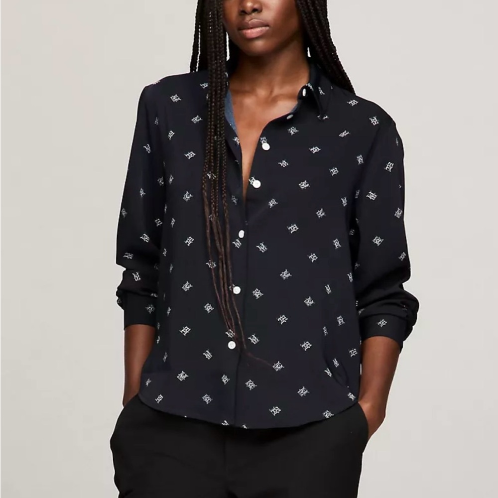 Tommy Hilfiger Allover TH Monogram Crepe Shirt Size S. NWT